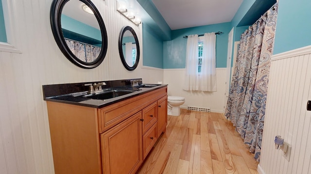 bathroom with hardwood / wood-style flooring, vanity, and toilet