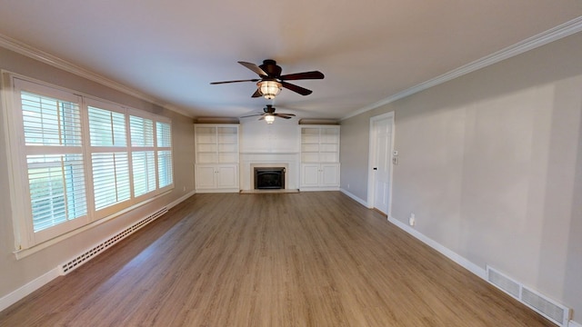 unfurnished living room featuring ceiling fan, light hardwood / wood-style flooring, a baseboard radiator, and ornamental molding