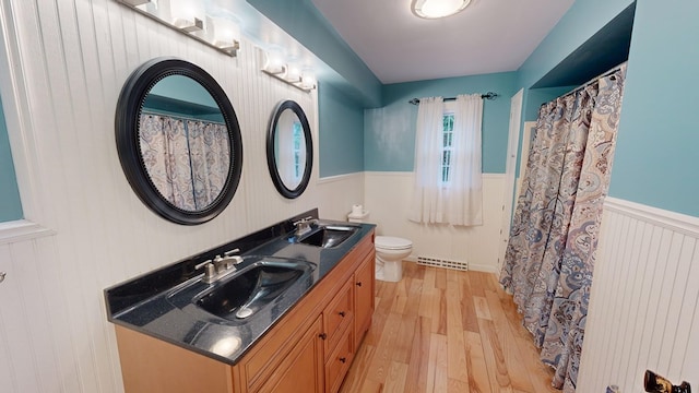 bathroom with wood-type flooring, vanity, and toilet