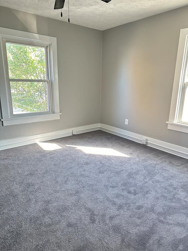 empty room with ceiling fan, carpet, and a textured ceiling