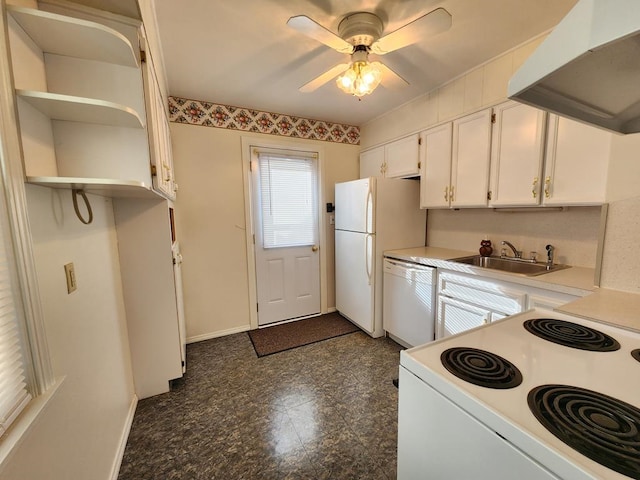 kitchen featuring ceiling fan, sink, range hood, white appliances, and white cabinets