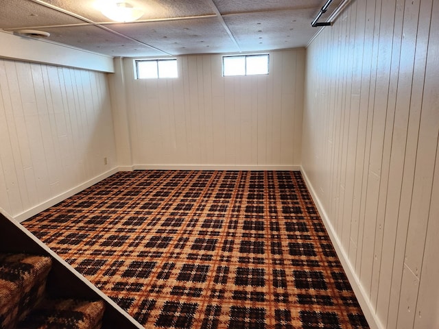 basement featuring wood walls and dark carpet