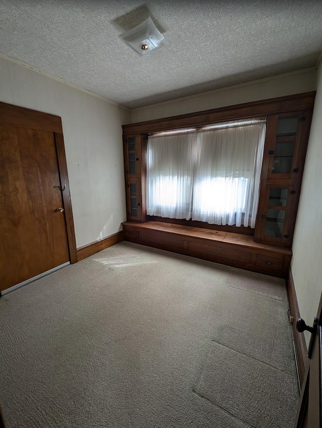 carpeted empty room featuring a textured ceiling