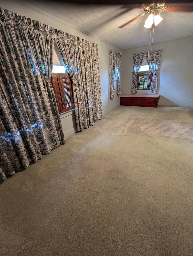 interior space featuring carpet flooring, ceiling fan, and a textured ceiling