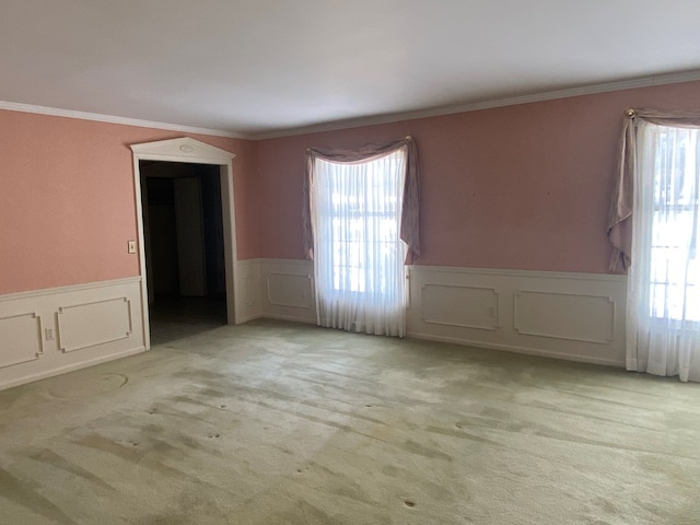 carpeted empty room featuring ornamental molding and plenty of natural light