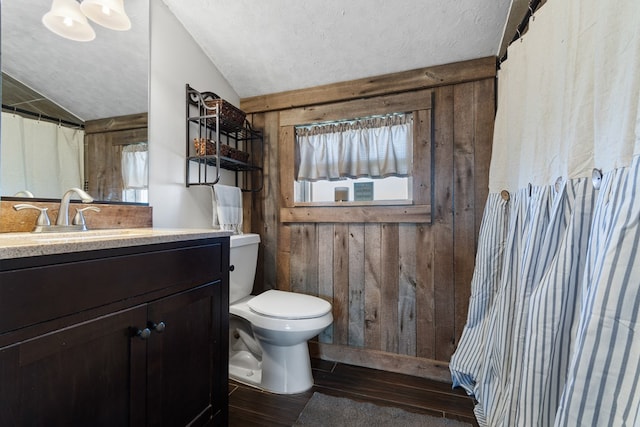 bathroom featuring wooden walls, vanity, lofted ceiling, and toilet