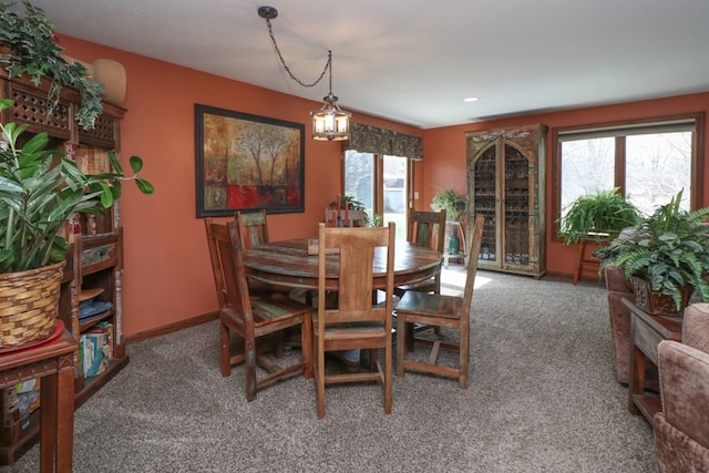 dining area with plenty of natural light, carpet, baseboards, and recessed lighting