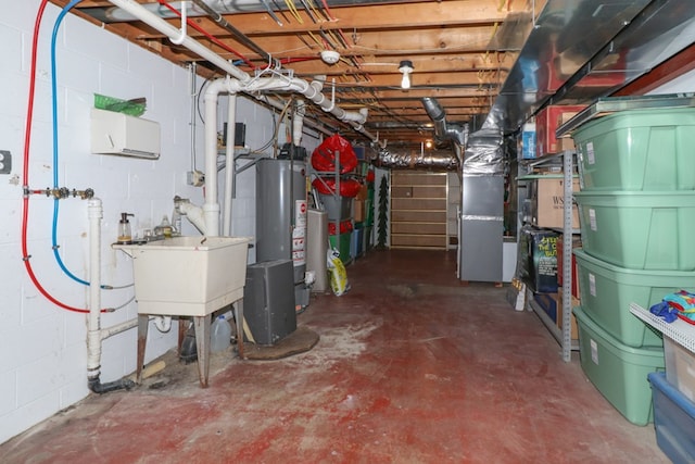 unfinished below grade area featuring water heater, heating unit, and concrete block wall