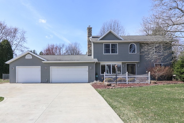 view of front of property featuring a front lawn, concrete driveway, a garage, and a chimney
