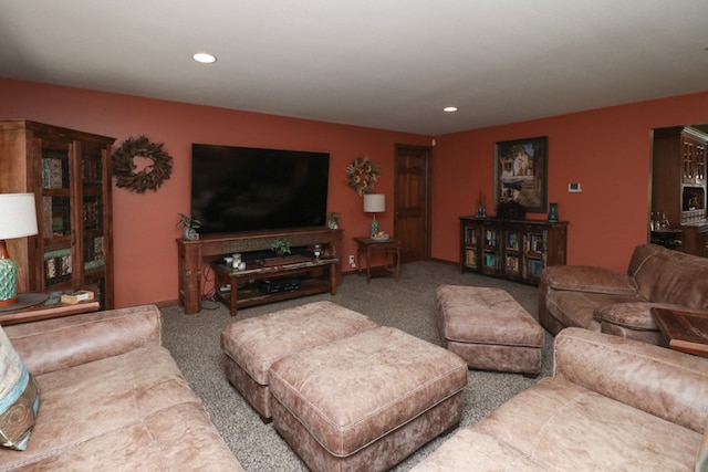carpeted living room with baseboards and recessed lighting
