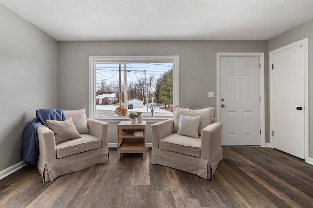 living area featuring a textured ceiling, dark wood-type flooring, and plenty of natural light