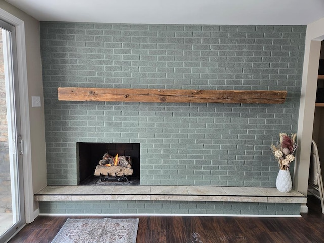 interior details featuring wood finished floors and a fireplace