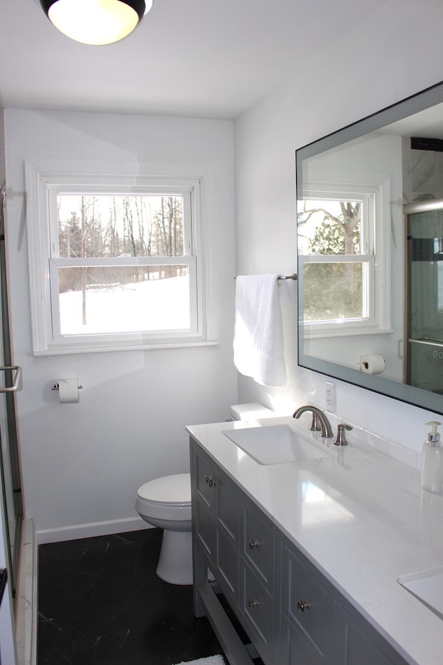 bathroom featuring vanity, an enclosed shower, and toilet