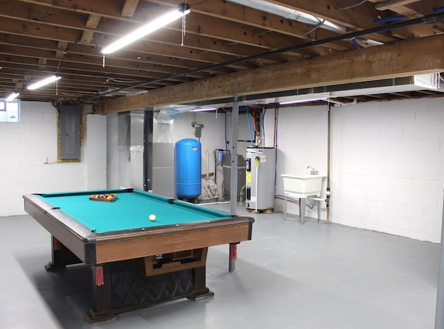 playroom featuring sink, electric panel, electric water heater, pool table, and concrete floors