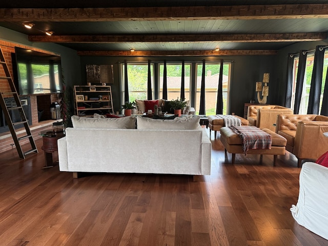 380 Tidd Dr, Galion, OH 44833 - living area featuring plenty of natural light, dark wood-style flooring, and a wooden ceiling with exposed beams
