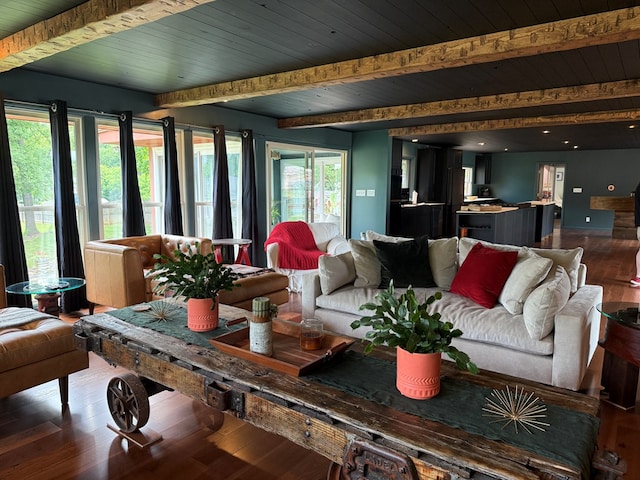 380 Tidd Dr, Galion, OH 44833 - living area with dark wood-style floors and a wood ceiling with exposed beams