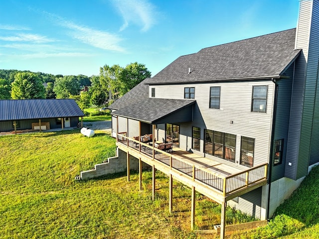 1360 Lexington Ontario Rd, Mansfield, OH 44904 - back of house featuring a chimney, a lawn, a wooden deck, and a shingled roof
