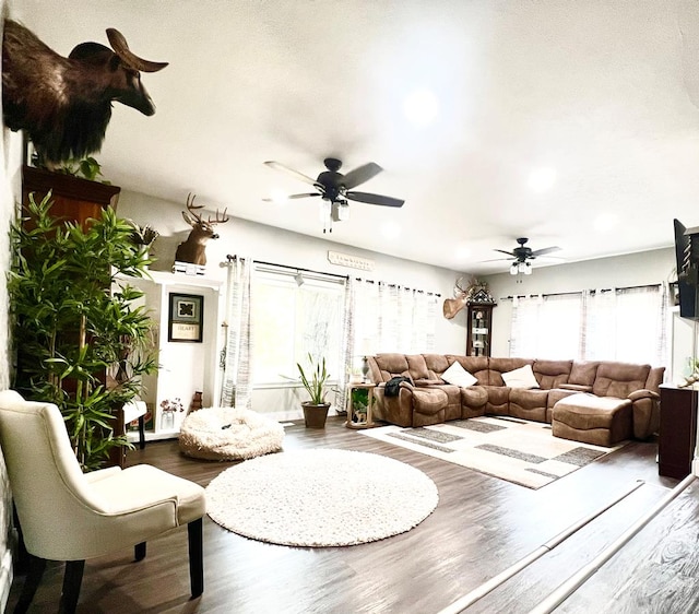 living room with wood-type flooring and ceiling fan