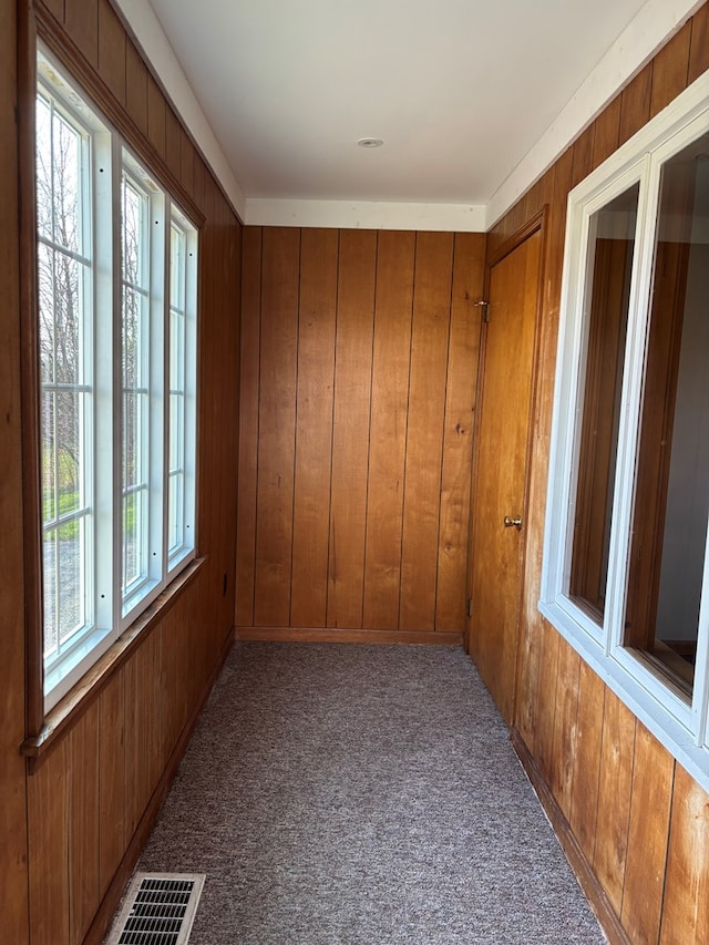 spare room featuring carpet, wooden walls, visible vents, and a wealth of natural light