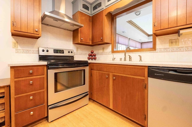 452 Pleasant Ln, Bucyrus, OH 44820 - kitchen with white dishwasher, a sink, decorative backsplash, electric range oven, and wall chimney exhaust hood
