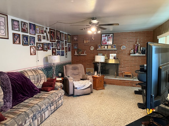 1022 S E E, Bucyrus, OH 44820 - living area featuring a ceiling fan, carpet floors, and brick wall