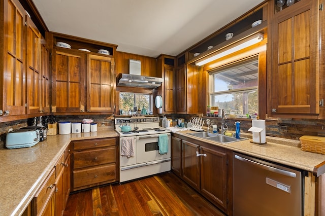 kitchen featuring plenty of natural light, wall chimney range hood, sink, stainless steel dishwasher, and white range with electric stovetop