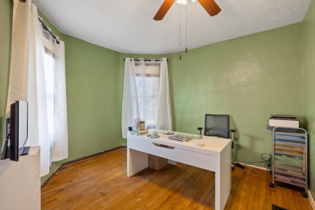 office space featuring hardwood / wood-style flooring, ceiling fan, and a wealth of natural light