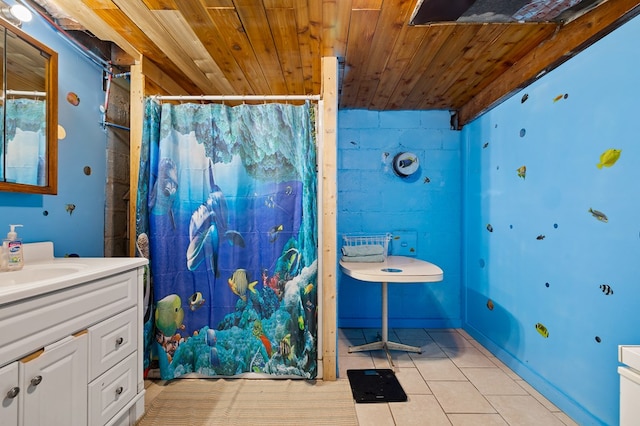 bathroom featuring tile patterned floors, vanity, and wooden ceiling