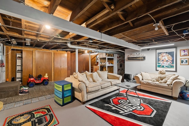 basement with wood walls