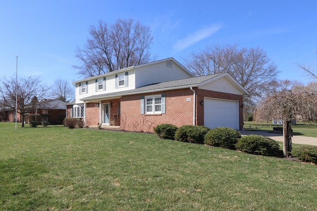 traditional-style house with a front yard, an attached garage, brick siding, and driveway