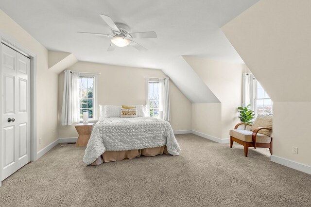 carpeted bedroom featuring baseboards and multiple windows