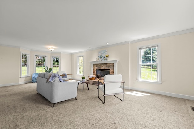 living area featuring baseboards, a wealth of natural light, light colored carpet, and crown molding