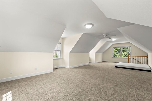 additional living space featuring vaulted ceiling, carpet floors, a ceiling fan, and baseboards