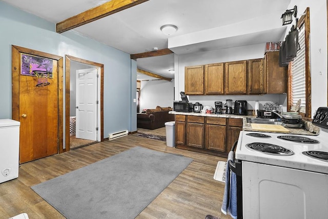 kitchen featuring white electric stove, brown cabinetry, light wood-style flooring, light countertops, and beam ceiling
