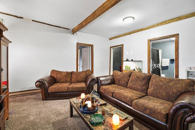 carpeted living room featuring a baseboard radiator and beam ceiling