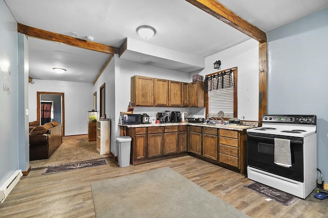 kitchen featuring beam ceiling, light countertops, electric range oven, a baseboard heating unit, and light wood-style floors