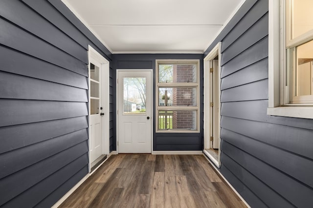 doorway with dark wood-style flooring