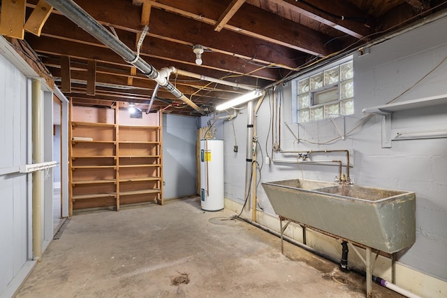 below grade area with electric water heater and a sink