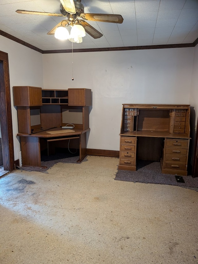 home office with ceiling fan and crown molding