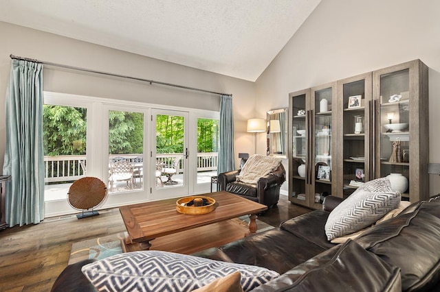 2313 Woodland Park Dr, Ontario, OH 44903 - living area with french doors, wood finished floors, high vaulted ceiling, and a textured ceiling