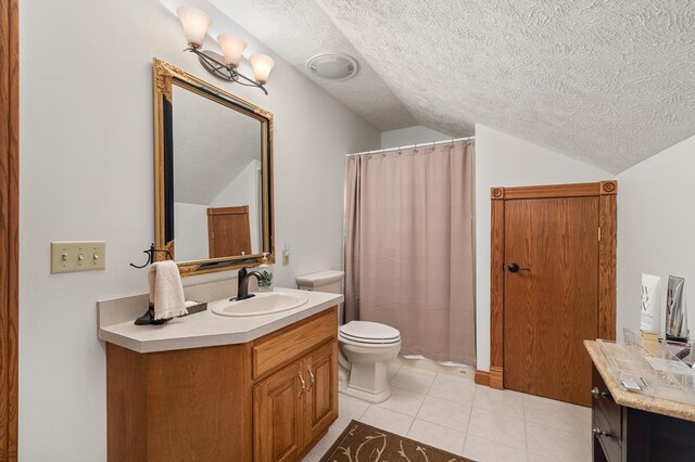 2313 Woodland Park Dr, Ontario, OH 44903 - bathroom with vaulted ceiling, a textured ceiling, vanity, tile patterned floors, and curtained shower