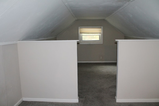 additional living space with lofted ceiling and dark colored carpet