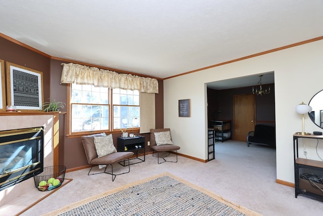 living area with a tiled fireplace, baseboards, and carpet floors