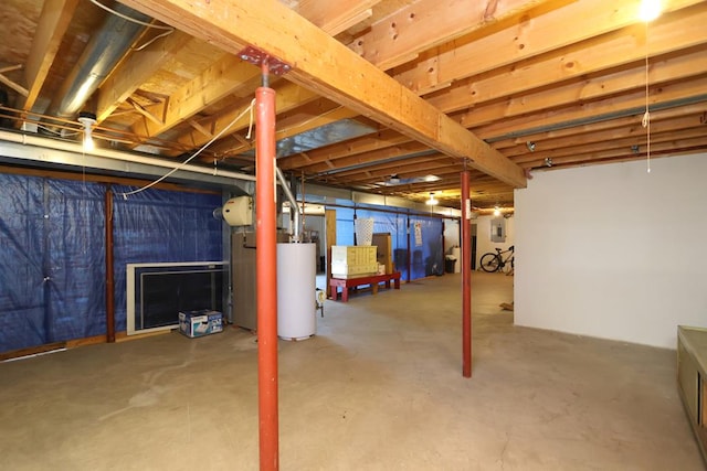 unfinished basement with water heater and electric panel