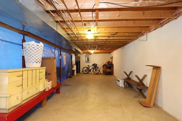 unfinished basement featuring electric panel and concrete block wall