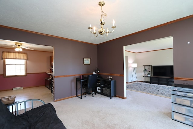 home office with visible vents, baseboards, ornamental molding, and carpet flooring