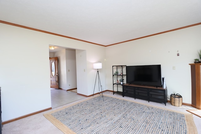 living room with crown molding, light colored carpet, and baseboards