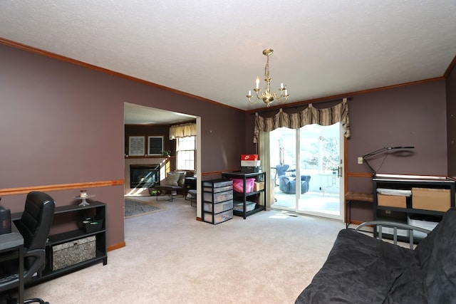 interior space with carpet floors, a healthy amount of sunlight, a glass covered fireplace, and crown molding