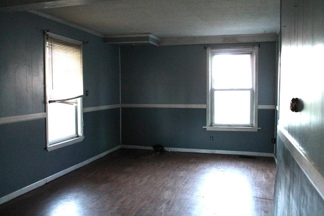 spare room featuring a wealth of natural light, dark wood-type flooring, and ornamental molding