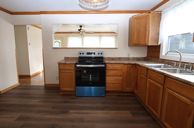 kitchen with ceiling fan, crown molding, sink, dark hardwood / wood-style floors, and stainless steel electric range